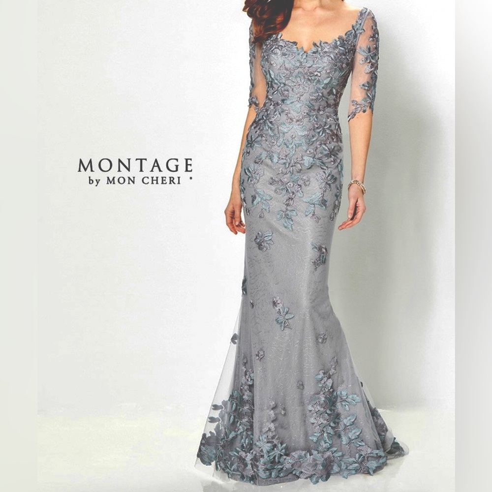 Montage by Mon Cheri Gray Multi Lace Designer Dress size 6 New with tags